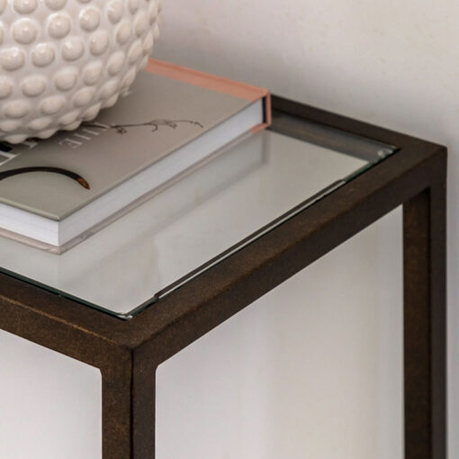 Antique Bronze Metal And Clear Glass Rectangular 2 Tier Slim Console Table With Mirrored Lower Shelf 120cm