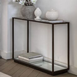 Antique Bronze Metal And Clear Glass Rectangular 2 Tier Slim Console Table With Mirrored Lower Shelf 120cm