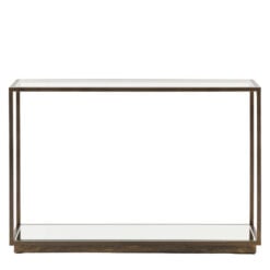 Antique Bronze Metal And Clear Glass Rectangular 2 Tier Slim Console Table With Mirrored Lower Shelf 120cm