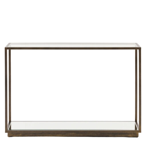 Antique Bronze Metal And Clear Glass Rectangular 2 Tier Slim Console Table With Mirrored Lower Shelf 120cm