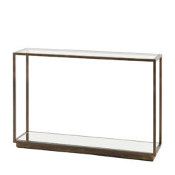Antique Bronze Metal And Clear Glass Rectangular 2 Tier Slim Console Table With Mirrored Lower Shelf 120cm