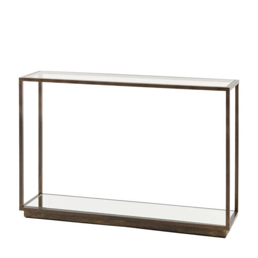 Antique Bronze Metal And Clear Glass Rectangular 2 Tier Slim Console Table With Mirrored Lower Shelf 120cm