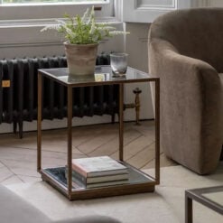 Antique Bronze Metal And Clear Glass Square 2 Tier Side Table With Mirrored Lower Shelf