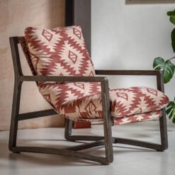 Boho Aztec Red And Natural Pattern Armchair Accent Chair With Solid Dark Wood Frame