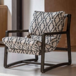Boho Diamond Cream And Black Pattern Armchair Accent Chair With Solid Dark Wood Frame