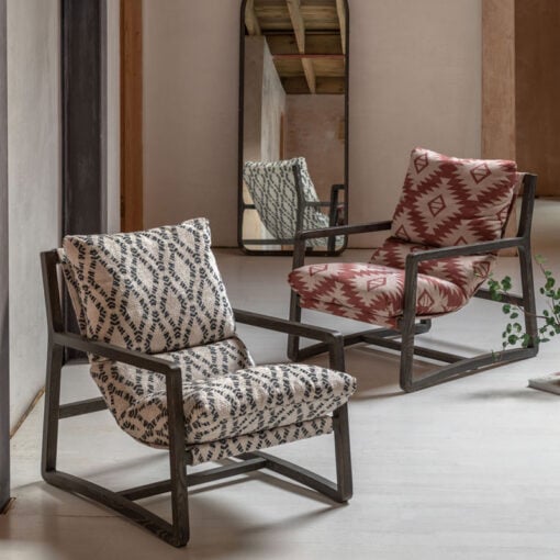 Boho Diamond Cream And Black Pattern Armchair Accent Chair With Solid Dark Wood Frame