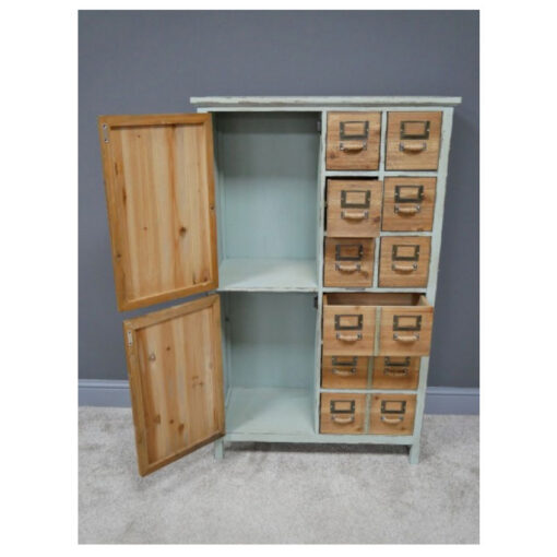 Boho Distressed Duck Green Metal And Solid Wood 2 Door Multi Drawer Apothecary Storage Cabinet 120cm