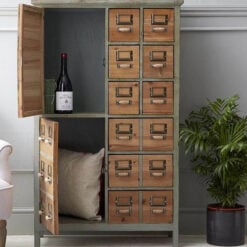 Boho Distressed Duck Green Metal And Solid Wood 2 Door Multi Drawer Apothecary Storage Cabinet 120cm