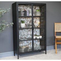 Boho Industrial Black Metal And Glass 2 Door Tropical Wallpaper Display Cabinet 132cm