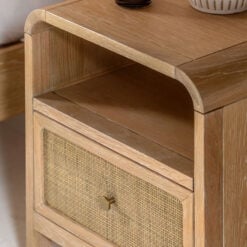 Boho Rustic Light Oak Wood And Rattan 1 Drawer 1 Shelf Curved Bedside Cabinet