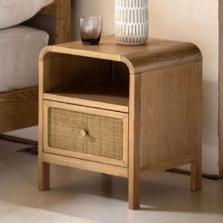 Boho Rustic Light Oak Wood And Rattan 1 Drawer 1 Shelf Curved Bedside Cabinet