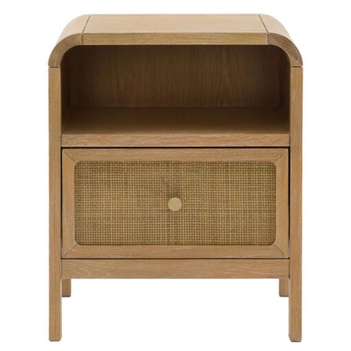 Boho Rustic Light Oak Wood And Rattan 1 Drawer 1 Shelf Curved Bedside Cabinet Boho Rustic Light Oak Wood And Rattan 1 Drawer 1 Shelf Curved Bedside Cabinet