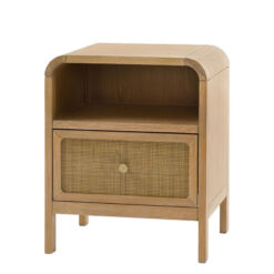 Boho Rustic Light Oak Wood And Rattan 1 Drawer 1 Shelf Curved Bedside Cabinet