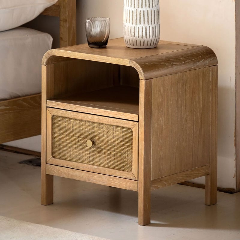 Boho Rustic Light Oak Wood And Rattan 1 Drawer 1 Shelf Curved Bedside Cabinet Boho Rustic Light Oak Wood And Rattan 1 Drawer 1 Shelf Curved Bedside Cabinet