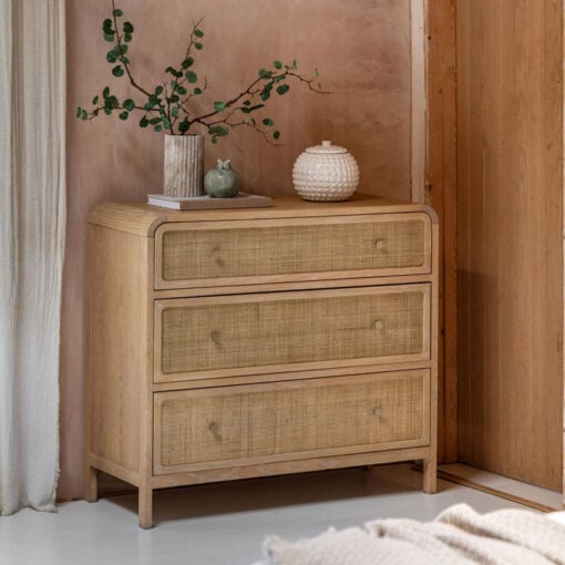 Boho Rustic Light Oak Wood And Rattan 3 Drawer Curved Chest Of Drawers Boho Rustic Light Oak Wood And Rattan 3 Drawer Curved Chest Of Drawers