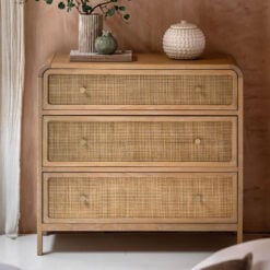 Boho Rustic Light Oak Wood And Rattan 3 Drawer Curved Chest Of Drawers
