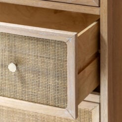 Boho Rustic Light Oak Wood And Rattan 3 Drawer Curved Chest Of Drawers