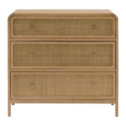Boho Rustic Light Oak Wood And Rattan 3 Drawer Curved Chest Of Drawers