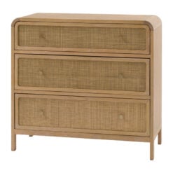Boho Rustic Light Oak Wood And Rattan 3 Drawer Curved Chest Of Drawers