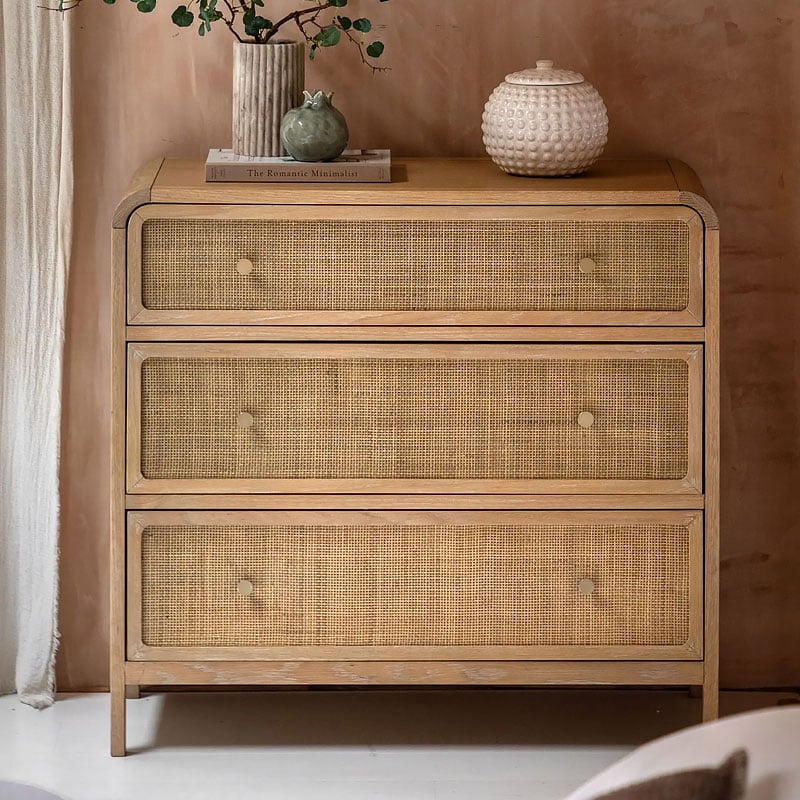 Boho Rustic Light Oak Wood And Rattan 3 Drawer Curved Chest Of Drawers Boho Rustic Light Oak Wood And Rattan 3 Drawer Curved Chest Of Drawers