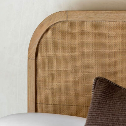 Boho Rustic Light Oak Wood Double Bed Frame With Curved Rattan Headboard Boho Rustic Light Oak Wood Double Bed Frame With Curved Rattan Headboard