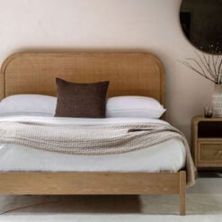 Boho Rustic Light Oak Wood Double Bed Frame With Curved Rattan Headboard