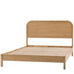 Boho Rustic Light Oak Wood Double Bed Frame With Curved Rattan Headboard