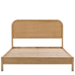 Boho Rustic Light Oak Wood Double Bed Frame With Curved Rattan Headboard