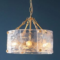Drum Shape Gold Metal Centre 4 Light Pendant Light With Hammered Glass Shade 40cm