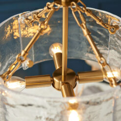 Drum Shape Gold Metal Centre 4 Light Pendant Light With Hammered Glass Shade