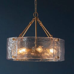 Drum Shape Gold Metal Centre 6 Light Pendant Light With Hammered Glass Shade 53cm