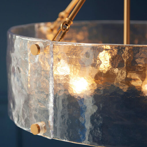 Drum Shape Gold Metal Centre 6 Light Pendant Light With Hammered Glass Shade 53cm