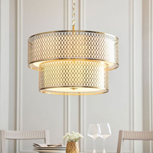 Gold Metal 2 Tier Ceiling Pendant Light With Fishnet Cage Drum And Frosted Glass 56cm