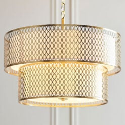 Gold Metal 2 Tier Ceiling Pendant Light With Fishnet Cage Drum And Frosted Glass 56cm