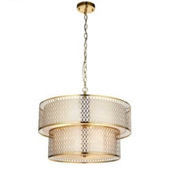 Gold Metal 2 Tier Ceiling Pendant Light With Fishnet Cage Drum And Frosted Glass 56cm