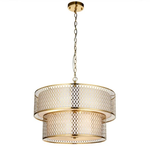 Gold Metal 2 Tier Ceiling Pendant Light With Fishnet Cage Drum And Frosted Glass 56cm