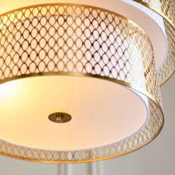 Gold Metal 2 Tier Ceiling Pendant Light With Fishnet Cage Drum And Frosted Glass 56cm