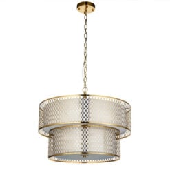Gold Metal 2 Tier Ceiling Pendant Light With Fishnet Cage Drum And Frosted Glass 56cm