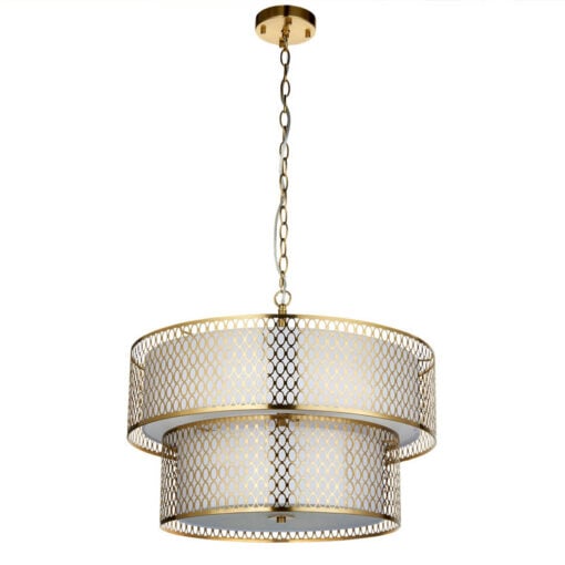 Gold Metal 2 Tier Ceiling Pendant Light With Fishnet Cage Drum And Frosted Glass 56cm