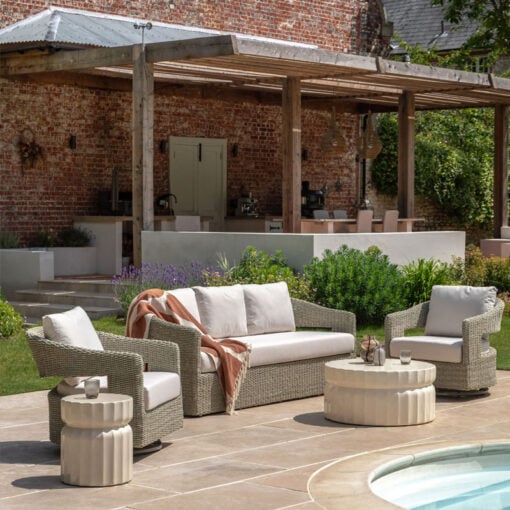 Indoor Outdoor Cream White Ridged Pattern Reinforced Concrete Round Coffee Table 80cm