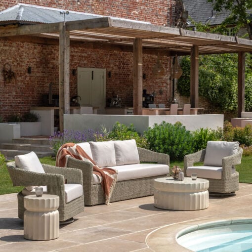 Indoor Outdoor Cream White Ridged Pattern Reinforced Concrete Round Side Table