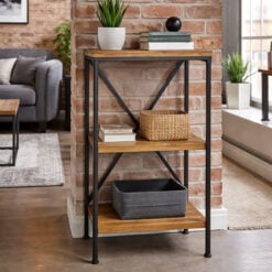 Industrial Black Metal And Solid Wood 3 Tier Shelving Unit Bookcase 89cm