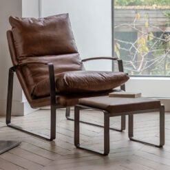 Industrial Brown Genuine Leather And Black Metal Armchair Accent Chair