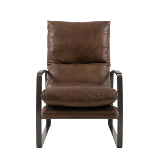 Industrial Brown Genuine Leather And Black Metal Armchair Accent Chair