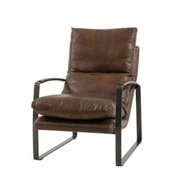 Industrial Brown Genuine Leather And Black Metal Armchair Accent Chair