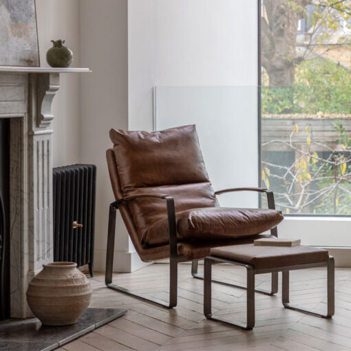 Industrial Brown Genuine Leather And Black Metal Footstool