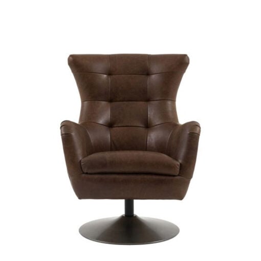 Industrial Mastermind Style Brown Tufted Leather And Bronze Metal Swivel Armchair