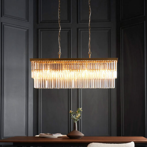 Large 4 Light 2 Tier Brushed Gold Elongated Rectangle Ceiling Pendant Light With Glass Droplets 100cm