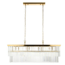 Large 4 Light 2 Tier Brushed Gold Elongated Rectangle Ceiling Pendant Light With Glass Droplets 100cm