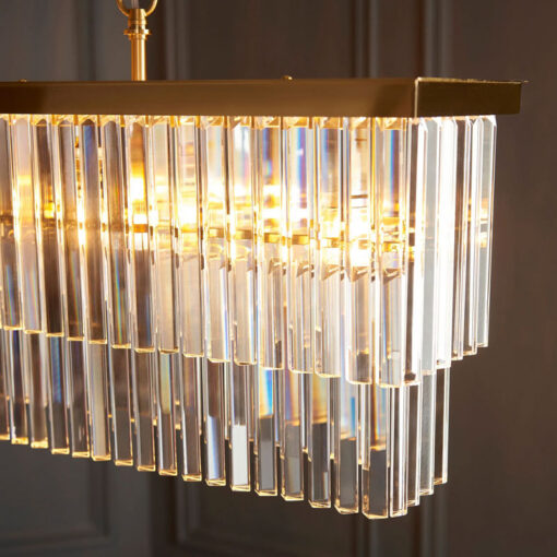 Large 4 Light 2 Tier Brushed Gold Elongated Rectangle Ceiling Pendant Light With Glass Droplets 100cm